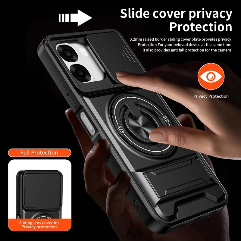 Enhanced Armor Phone Case with Lens Protection and Magnetic Ring Stand Holder