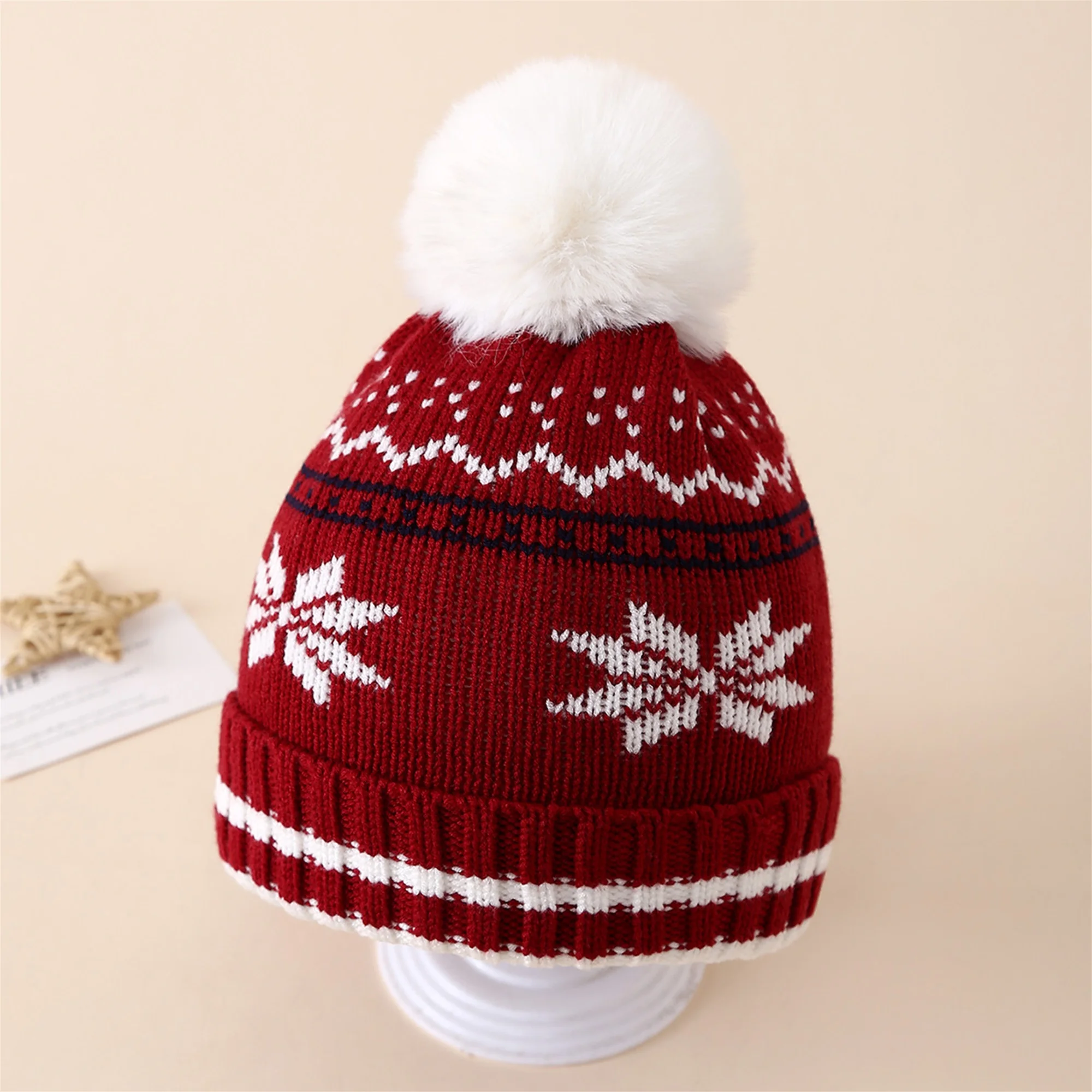 Winter Knit Hat for Children Festive Snowflake Pattern Beanie with Faux Fur Pom Pom Cozy Windproof Cap