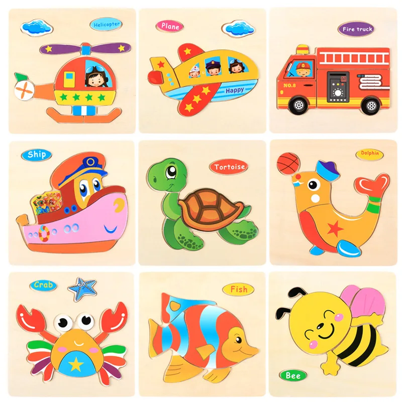 Baby Wooden Toys 3D Puzzle Cartoon Animal Intelligence Jigsaw Puzzle Shape Matching Montessori Toys for Boy Girl Gifts 3