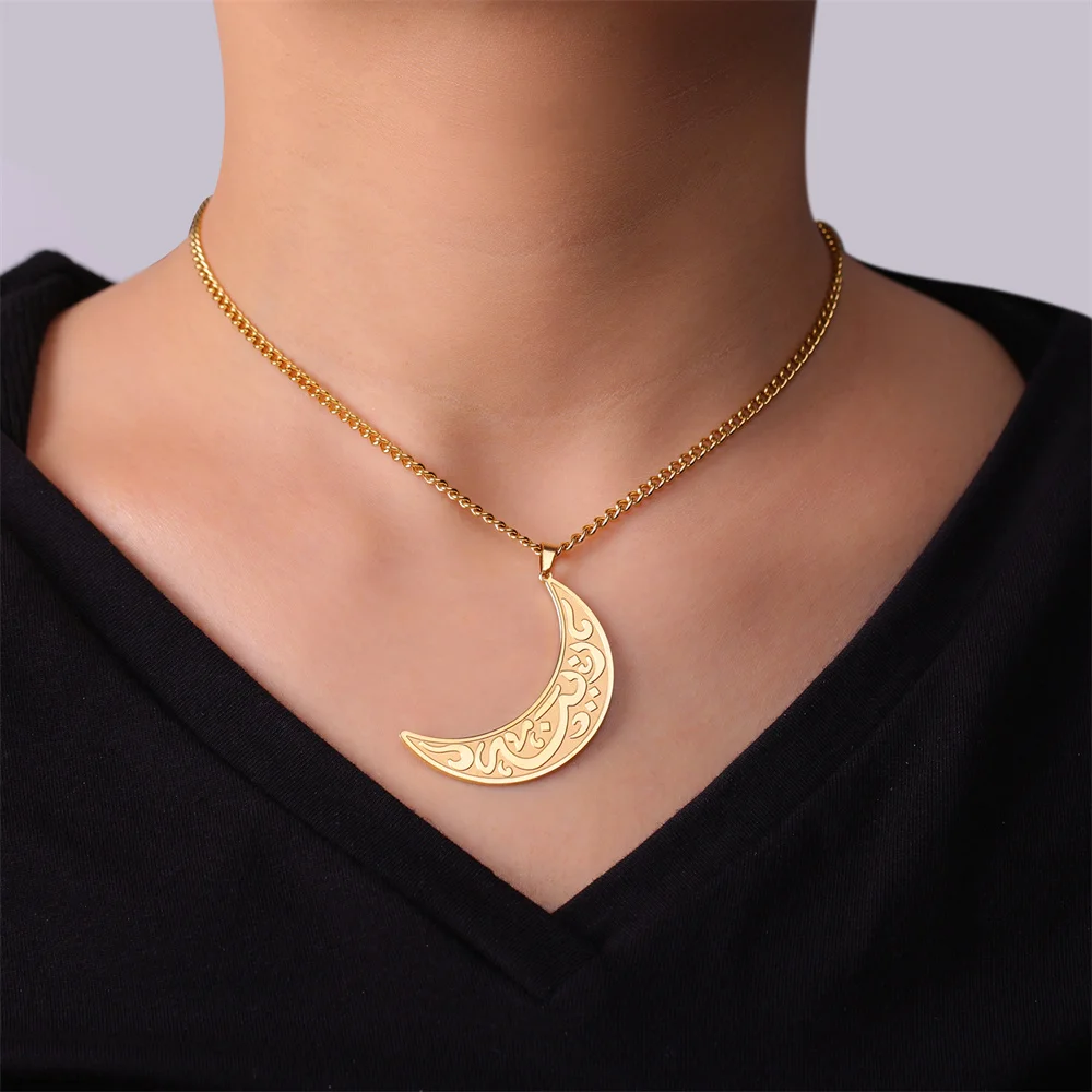 Collana con ciondolo a forma di runa della luna crescente del Corano in arabo islamico Eueavan, in acciaio inossidabile, con collane musulmane Allah, gioielli religiosi_voghion.com