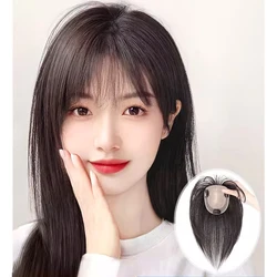 Human Hair Toppers Real Hair Topper with Bangs Swiss Base Clip In Bangs for Women with Thinning Hair Loss Hair Cover Gray Hair