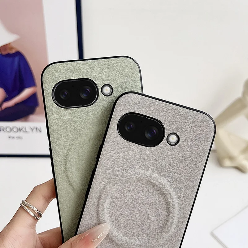 Premium Plain Leather Phone Case with Built-in MagSafe Magnetic Ring and Camera Protection