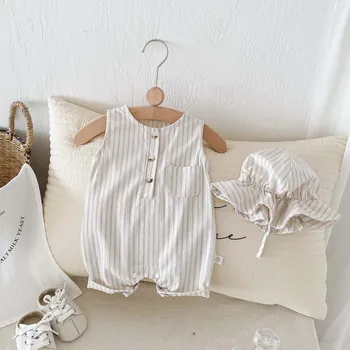 Korean Style Newborn Bodysuit Striped Sleeveless Baby Romper with Hat Two Piece 0-24 Months Infant Onesie 1
