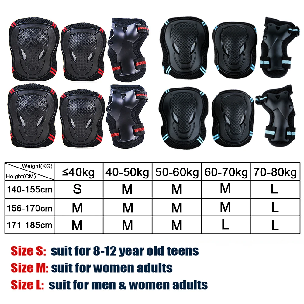 6Pcs/Set Teens & Adult Knee Pads Elbow Pads Wrist Guards Protective Gear Set for Roller Skating, Skateboarding, Cycling Sports 6