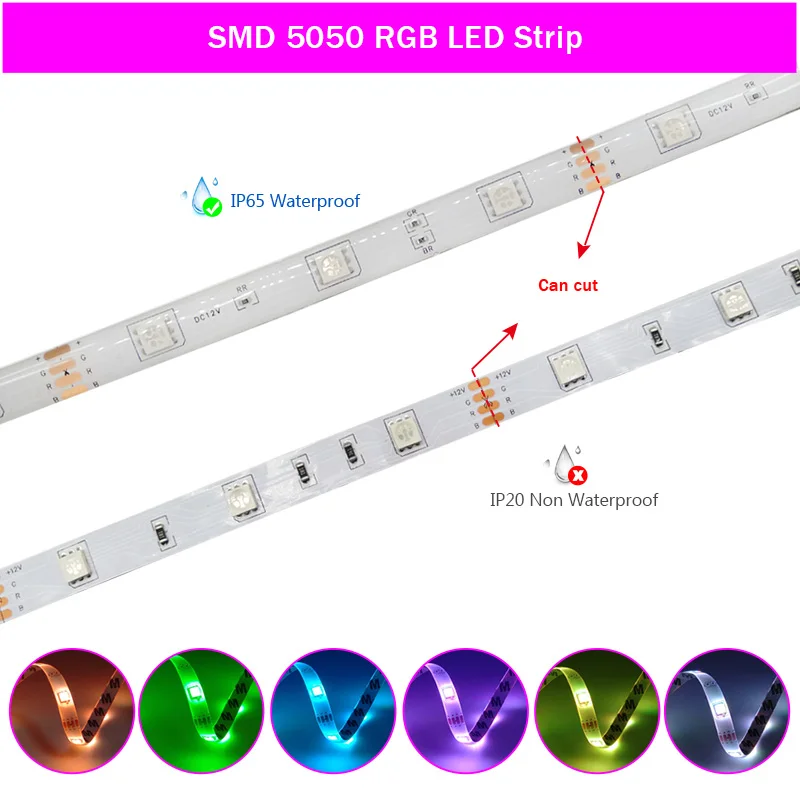 LED 스트립 라이트, RGB 5050 음악 동기화 색상 변경, 민감한 내장 마이크 앱, 유연한 LED 조명, DC12V, EU 플러그
