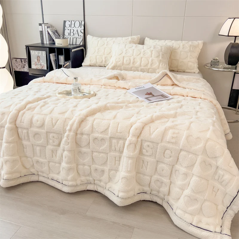 Winter Blanket New Tafu Velvet Love Pattern Embossed Napping Blanket Soft Comfortable Warm AB Side Single Double Person Quilt