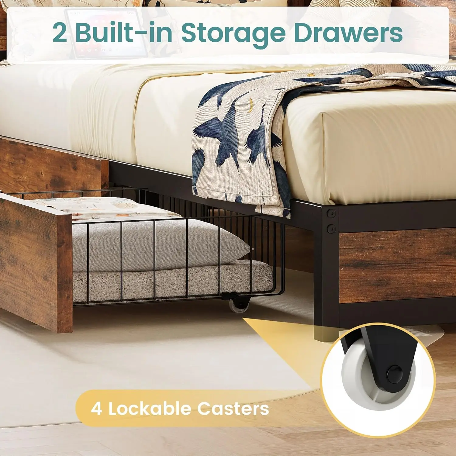 Twin Daybed with Storage Drawers, Corner Bed Frame with LED Lights and Charging Station