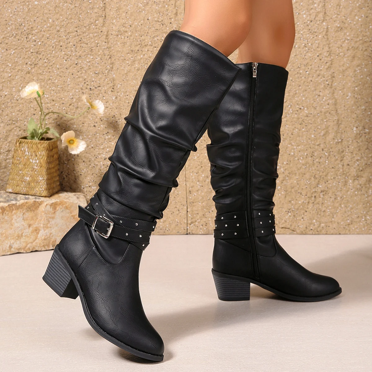 New Pu Rivet Metal Buckle High Boots Black Pleated Fashionable and Comfortable Thick Heel Women's Long Boots