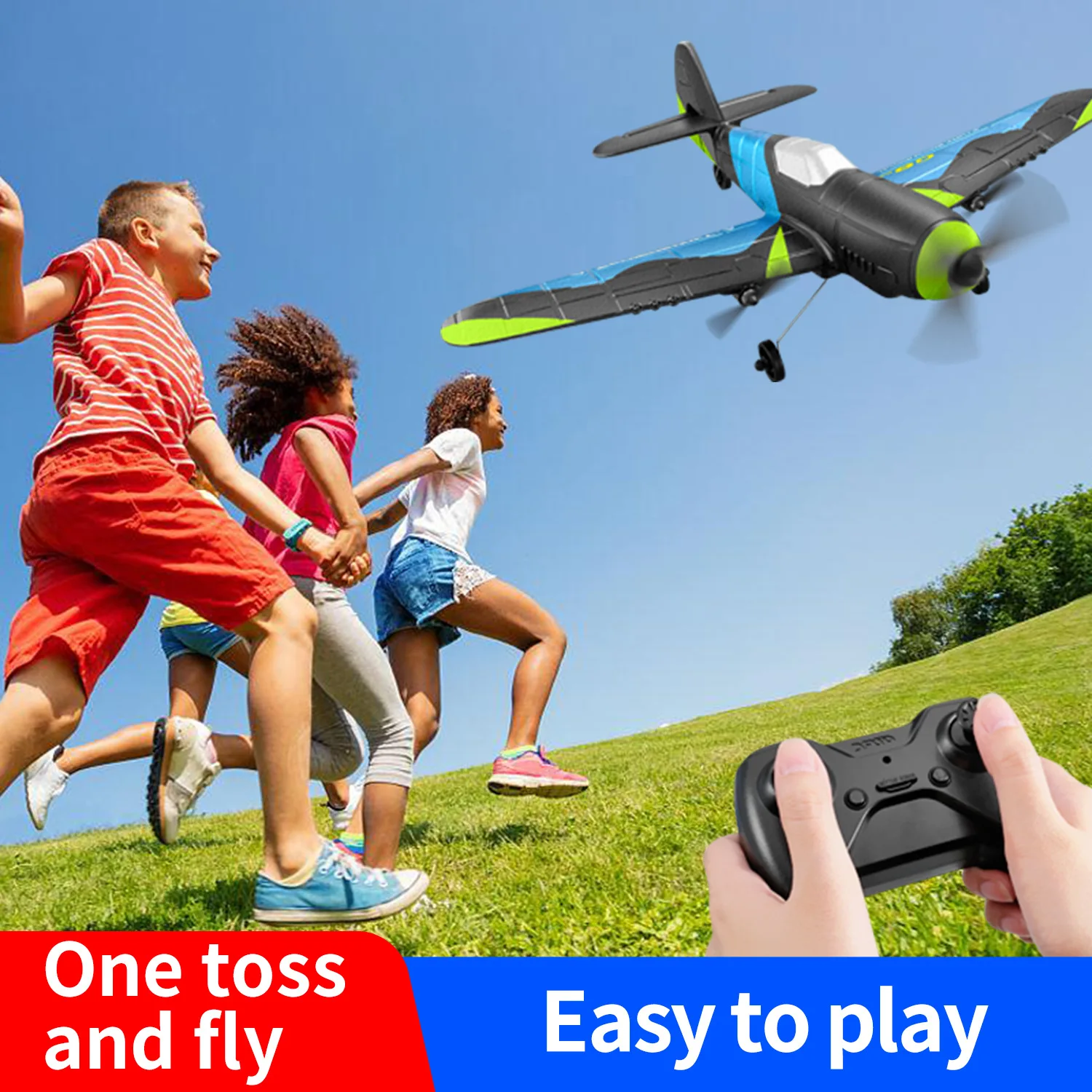 Avion RC télécommandé 2.4GHz effectuant un virage serré, avec une autonomie de 20 minutes de vol grâce à la batterie 800mAh.