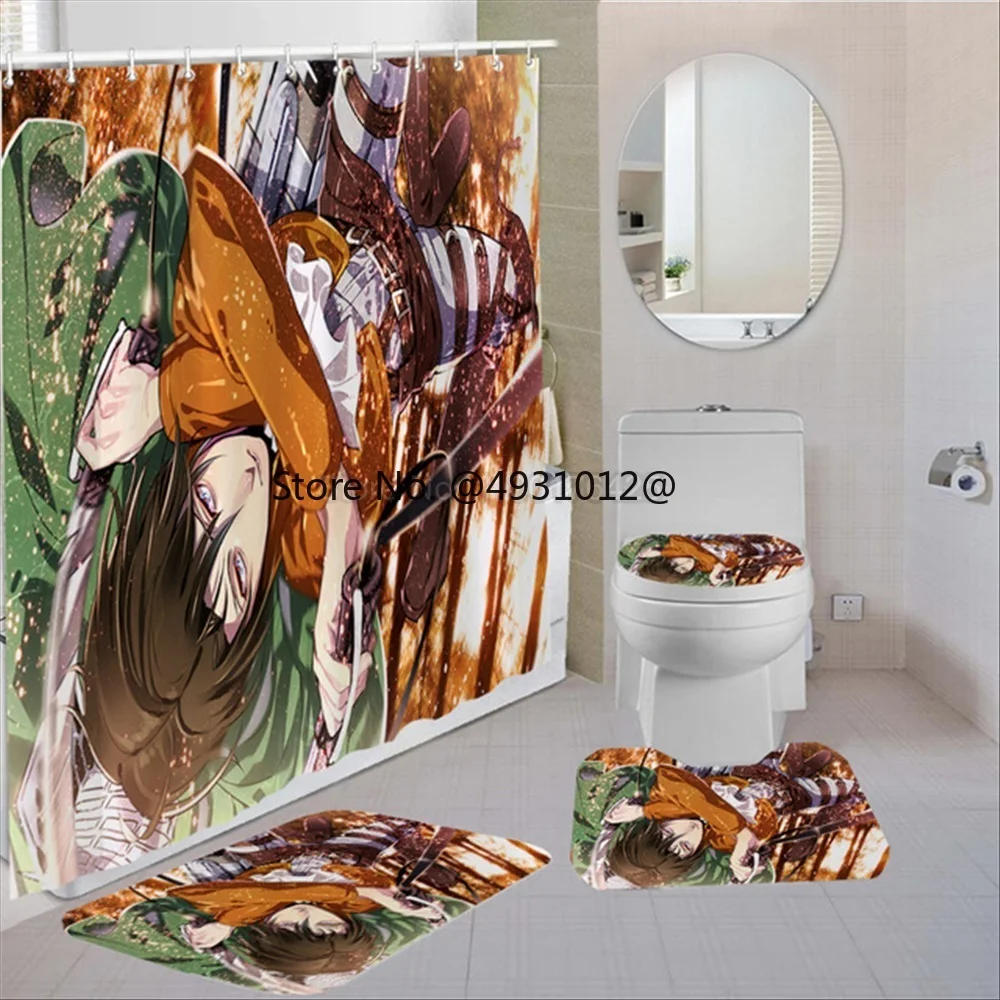 

2023 Anime Attack On Titan Shower Curtain Set Waterproof Washable Bath Drapes Anti-slip Rugs Toilet Lid Cover Bathroom Mat