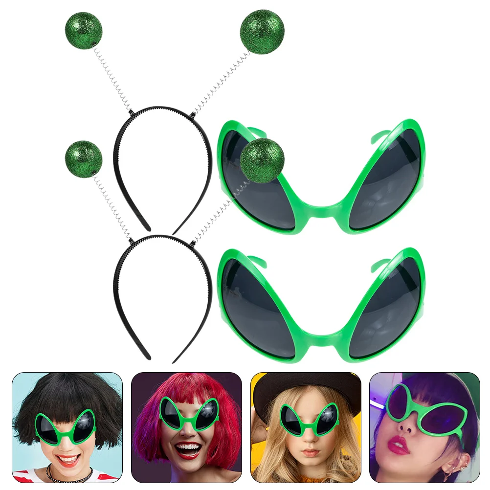 2 set Alien Headband Antenna Glasses Costume Accessories Adult Martian Props Eyeglasses Rainbow Lens Sunglasses Party Headwear