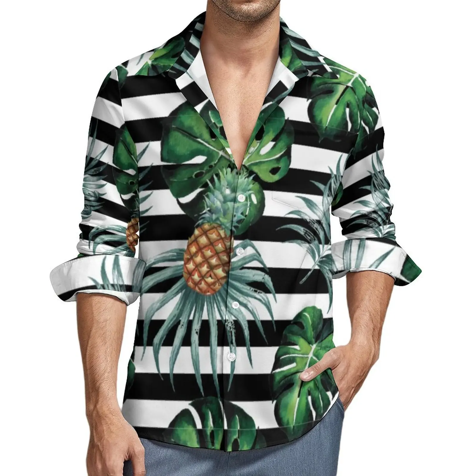 

Tropical Casual Shirts Pineapple And Stripes Elegant Shirt Spring Streetwear Oversized Blouse Man Long Sleeve Design Clothing