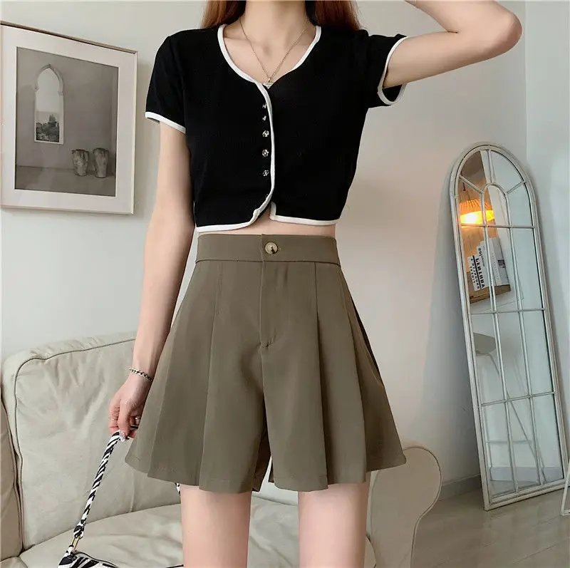 ladies clothes 2022 Women's Summer Fashion High Waist Pleated Shorts Female Casual Loose Wide-leg Shorts Ladies Solid Color Suit Shorts S37 plus size womens clothing