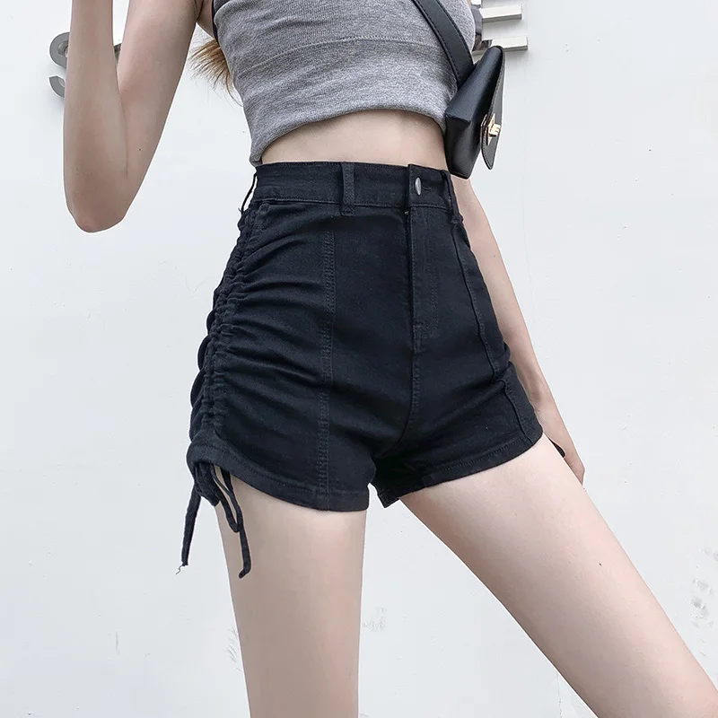 

Fashion Shirring Women's Street Denim Shorts Personality Slim Stretch Sexy Black Gray Female High Waist Short Jeans