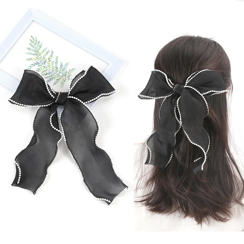 Women Korean Pearl Streamer Bows Hair Clip Ponytail Hairpin Duckbill Clip Pearl Chiffon Bowknot Hair Grips Barrettes Headdress