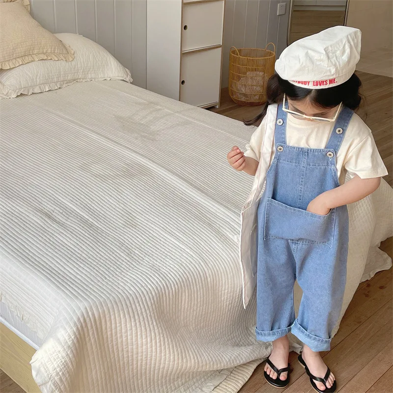 

Autumn Korean style Kids overalls solid color loose jumpsuit for boys and girls big pocket casual bib pants