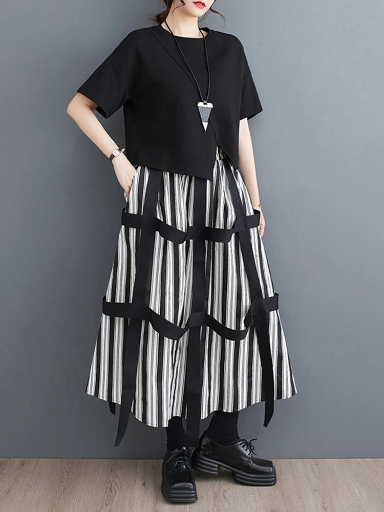 Black Vintage High Waist Stripe Spliced Ribbon Skirt Women Fashion Pocket Loose Casual Long Skirts Clothes New Summer 2025