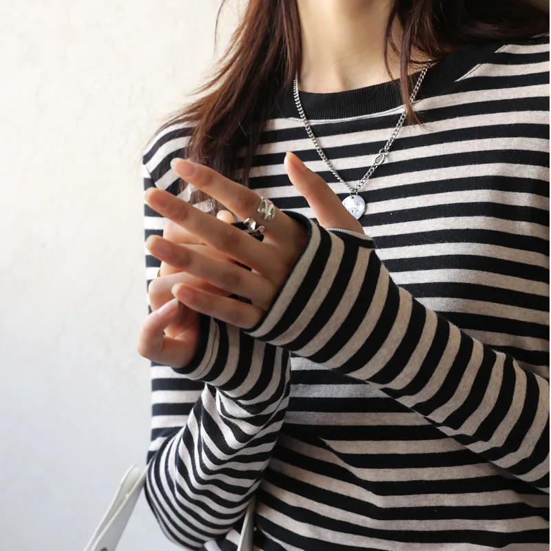 

Women Long-sleeved T-shirt Office Lady Striped Top Tees Slim Pullover 2023 Spring Autumn Femal Casual Clothes