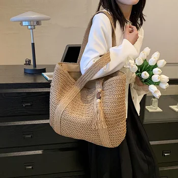 Borsa da donna elegante in paglia intrecciata Borsa da spiaggia estiva casual Tote Borse con manico superiore Borse a tracolla bohémien da donna di grande capacità 1