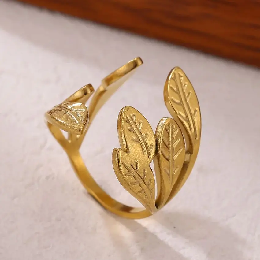 Fashion Leaf Rings for Women Gold Stainless Steel Geometric Opening