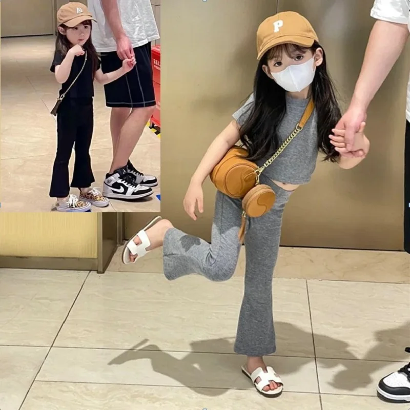 

Лето Детские Девочки Хлопок Растениеводство Slim Fit Эластичный T-Shirt Топы+Flared Pant Наборы Дети 2PCS Tracksuit Дети Наряды 2-8 лет