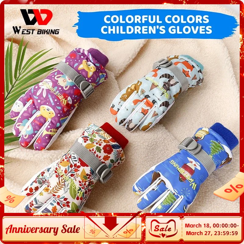 

WEST BIKING Winter Kids Ski Gloves Waterproof Warm Snowboard Gloves Children Skiing Snowmobile Mittens Boys Girls Sports Gloves