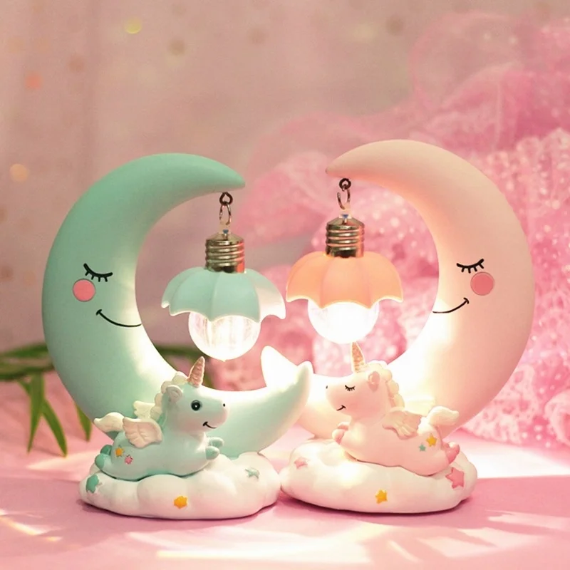 Led Night Light Unicorn Moon Resin Cartoon Night Lamp Luminaria Romantic Bedroom Decor Night Lamp Baby Kids Birthday Xmas Gift 3d led table light cartoon 3d novelty light led lights children bedroom lamp soft light birthday gift night lamp usb powered