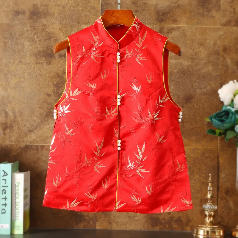 Bamboo Print Chinese New Year Women Traditional Weskit Vest