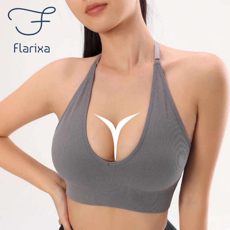 Women Lingerie Bra Flarixa Halter Sports Bra Women Seamless Padded Activewear Bra Fitness Yoga Top Bralette Back Invisible Gym Workout Underwear