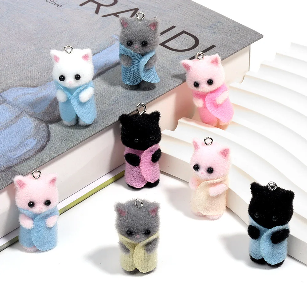 30Pcs Kawaii 3D Flocking Cat Charms Cute Cartoon Cat Ornament Pendant Earring Keychain Accessories for DIY Crafts Jewelry Make