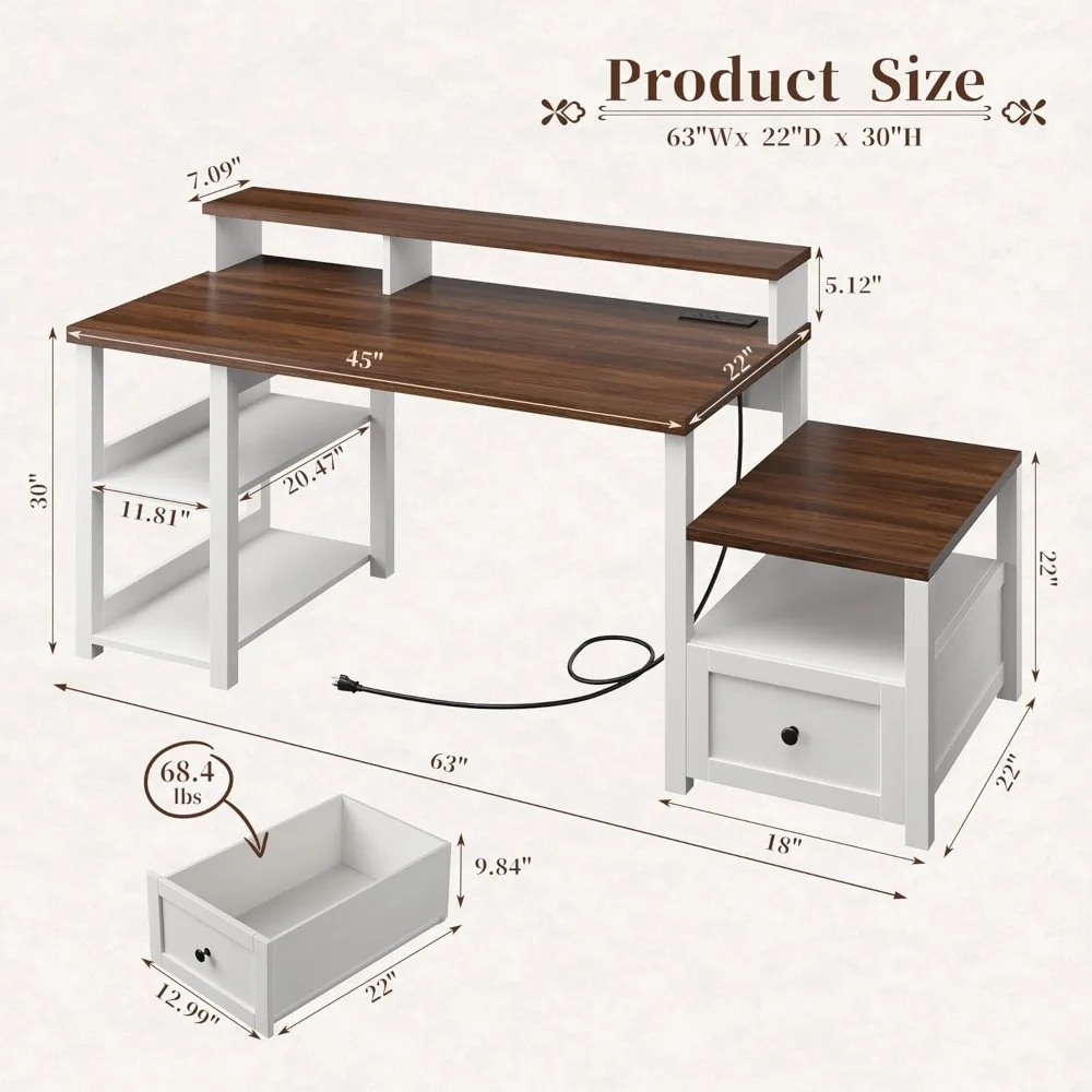 Computer Desk with Drawers Cabinet, Office Desk with Power Outlets, Home Office Desks with Shelves Monitor Stand, Farmhouse 2