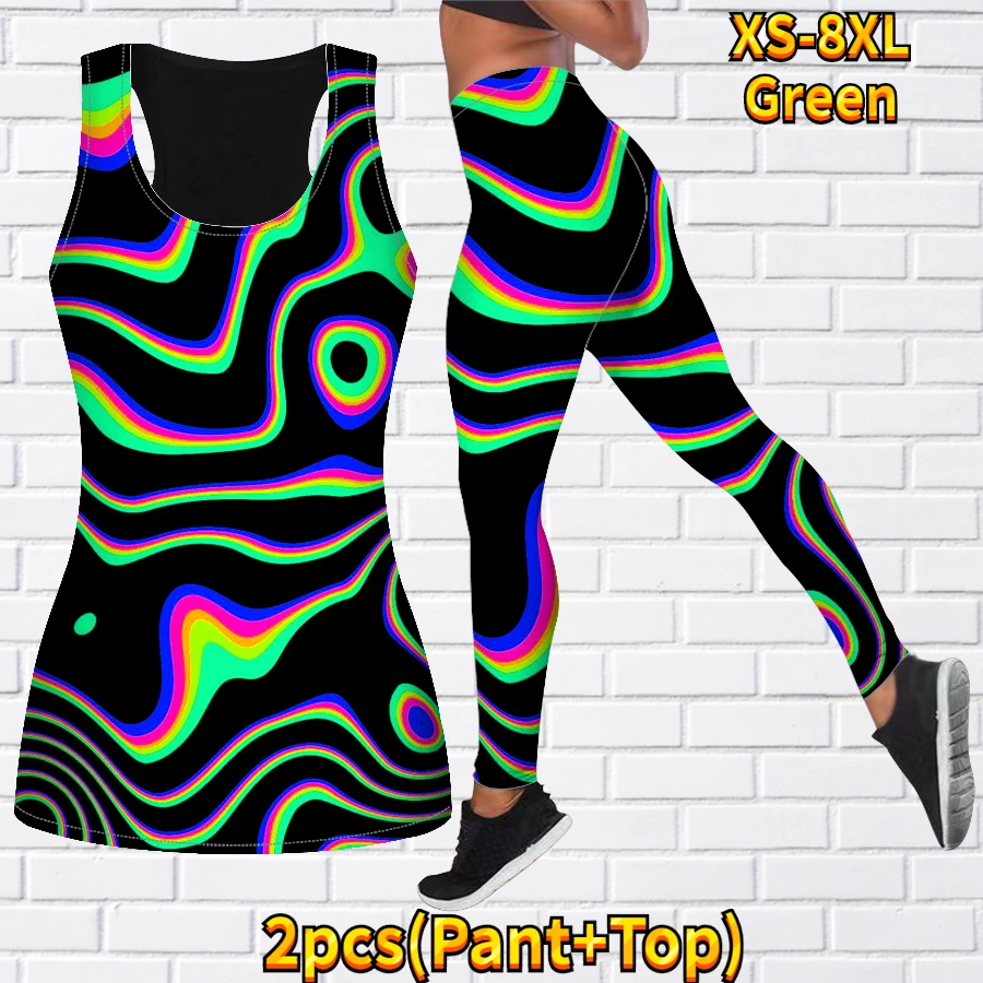 Yoga Fitness Rainbow Wave Print Set Women\'s Sports Tights Sports Underwear Set High Waist Pants Women\'s Sports Wear XS-8XL