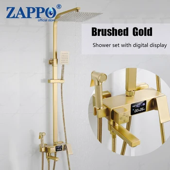 ZAPPO Brushed Gold ก๊อกน้ําห้องน้ําดิจิตอลจอแสดงผล 4 วิธีระบบหมุนได้ Spout ก๊อกน้ําอาบน้ําชุด 1