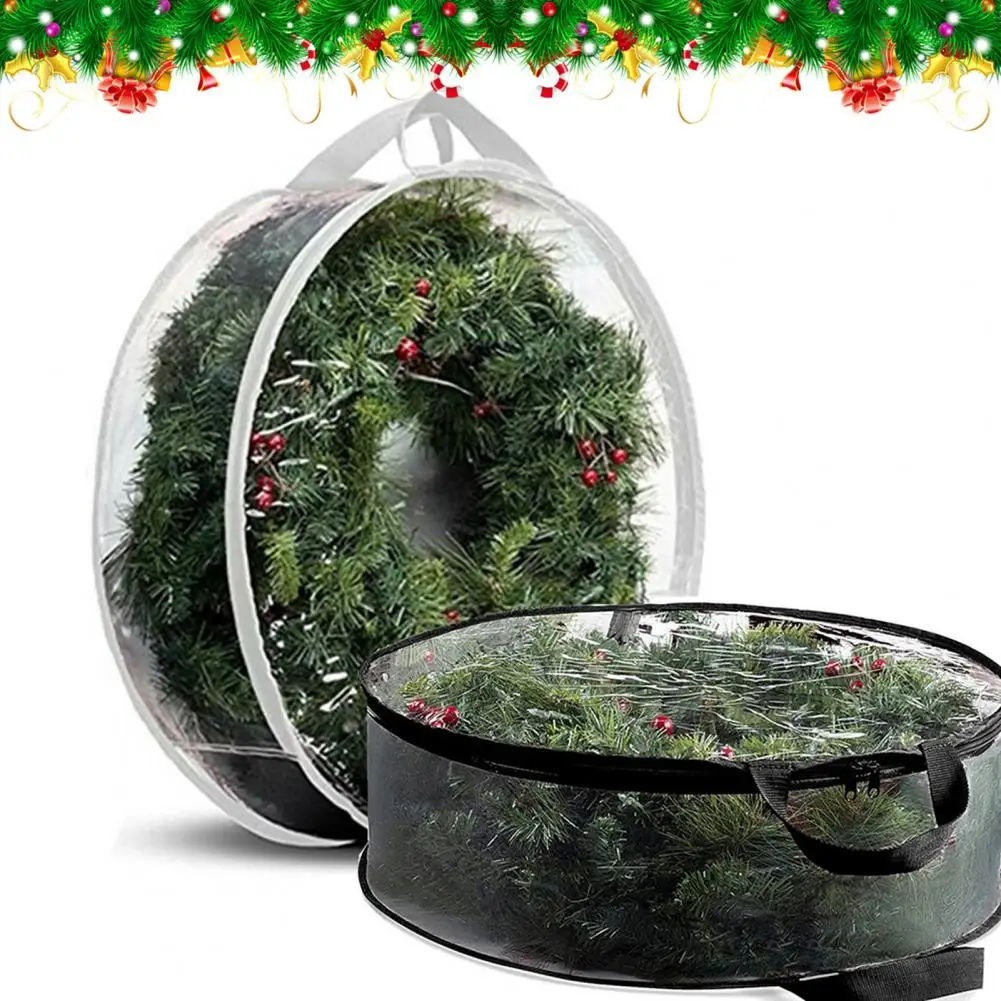 

1/2 Pcs Garland Storage Bag Round PVC Transparent Dustproof Storage Container Easy To Carry Handle Christmas Wreath Storage Bag