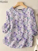 2024 ZANZEA Summer Bohemian Floral Printed Shirt Vintage Holiday Tops Tunic Casual Blouse Women O Neck 3/4 Sleeve Party Blusas - Image 4