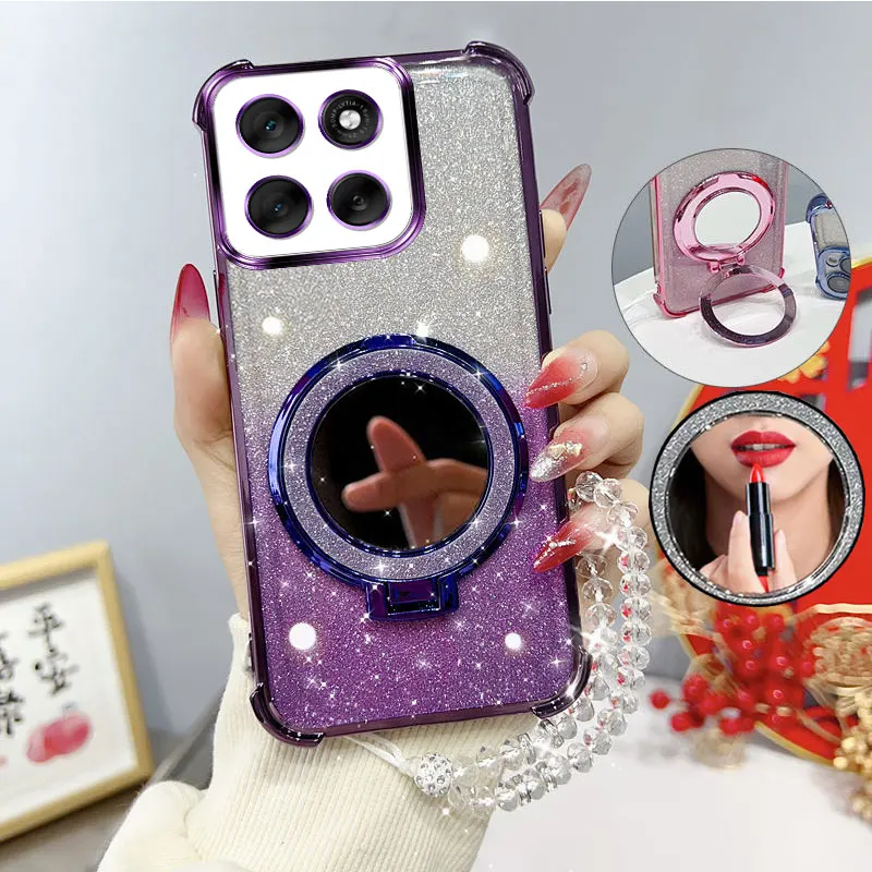 Glitter Four-Corner Shockproof Phone Case with Mirror Stand and Beaded Strap