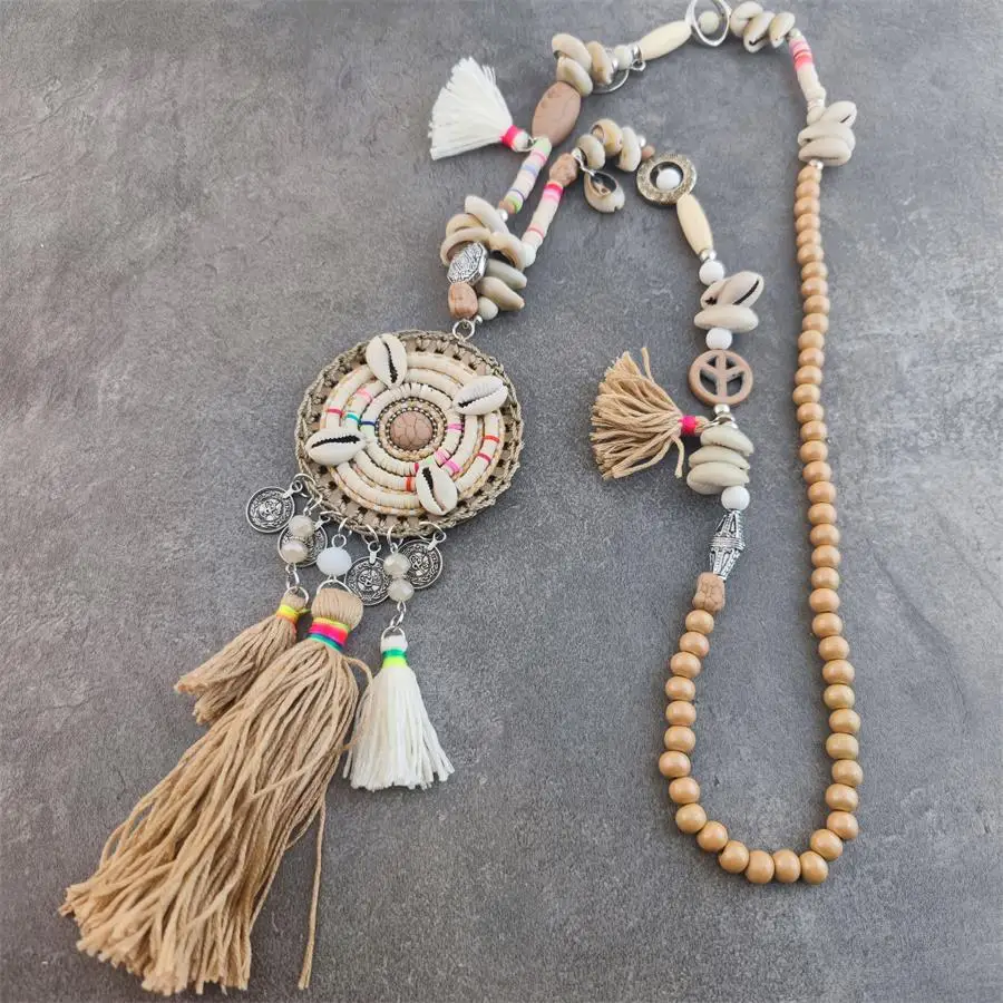 Bohemian Women Ladies Rainbow charm pendant Creative Wood Stone Bead Tassel Necklace Jewelry Gift