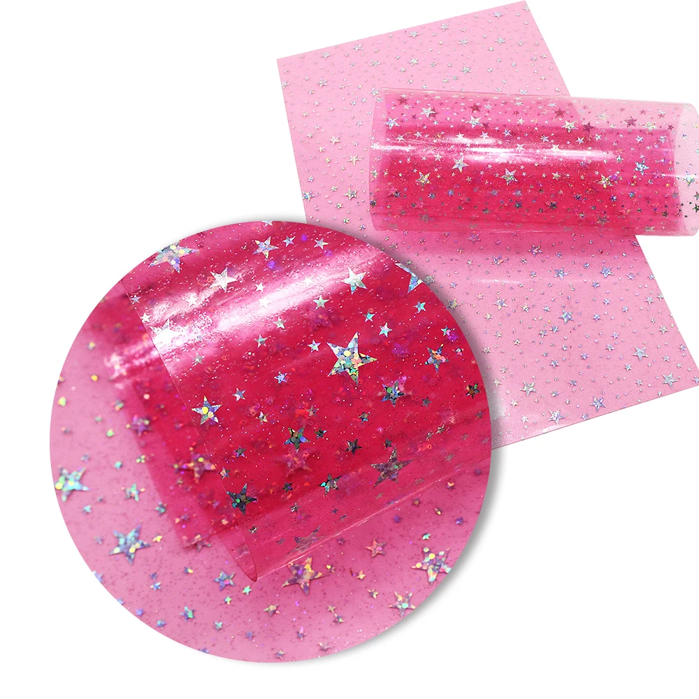 Transparent PVC Leather Sheets Glitter Star Pool Bows Jelly Vinyl Sheet For Crafts Bags DIY Synthetic Leather,1Yc18771
