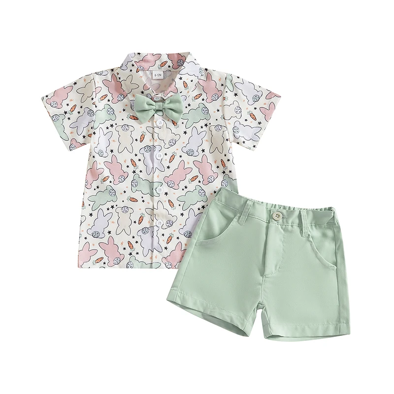 Toddler Boy Easter Shorts Set Bunny Print Short Sleeve Button-up Bow Tie Shirt Pockets Shorts