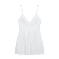 TRAFZA Women Summer High Street Sleeveless Mini Dress Solid Wide Swing Decoration Zipper Women Fashion V-Neck Sling Dresses 2
