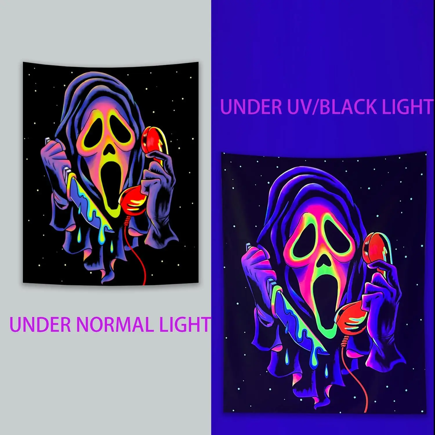 Blacklight Horror Face Tapestry UV Reactive Trippy Wall Hanging Glow in the Dark Party Backdrop for Living Room Decor