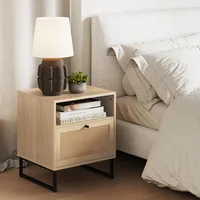 Rattan Wood End Side Accent Table Nightstand with Storage 1