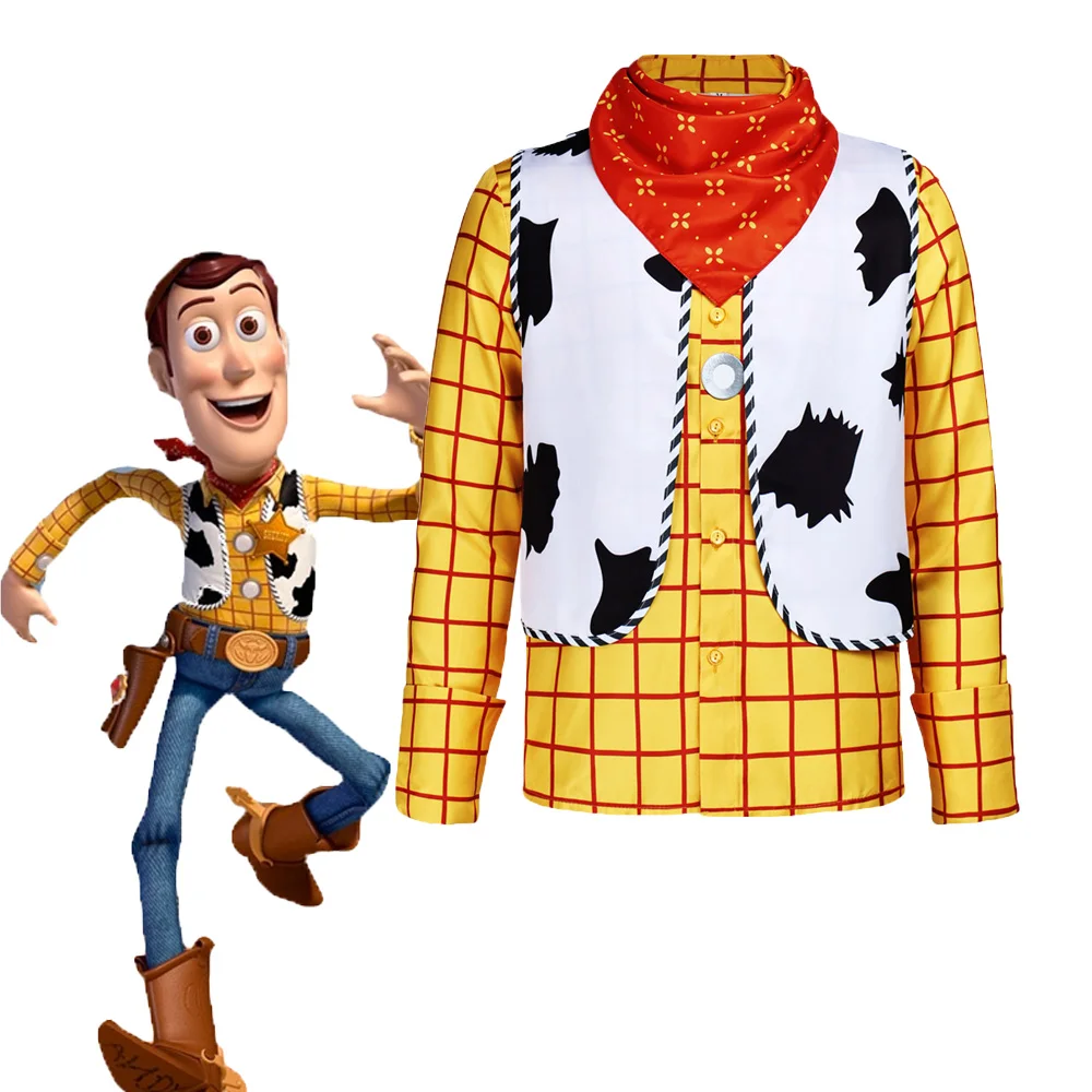 Toy Woody Cosplay Costume Yellow long sleeved checkered shirt cow colored vest Scarf Halloween carnival party for man clothes