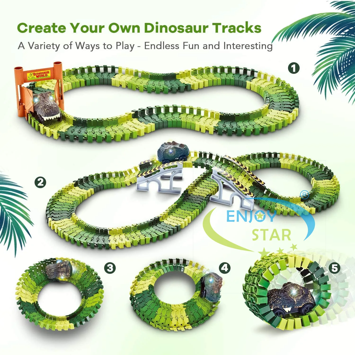 156pcs Dinosaur Railway Car Track Toy Set DIY Assemble Road Race Set with Flexible Track Dinosaur Toys Bridge Ramps Toys for Kid 2