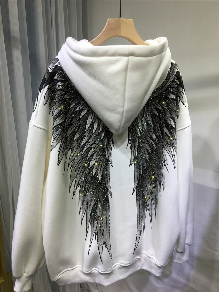Luxury Women Big Wings Hot Drilling Hooded Jacket Diamonds