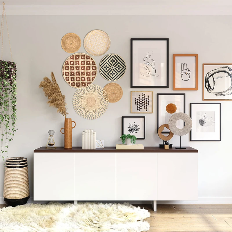 Set Di 7 Cestini Da Parete Bohémien In Rattan E Bucce Di Mais, Fatti A Mano, Decorazione Murale Rotonda Per Soggiorno, Camera Da Letto, Cucina - 4