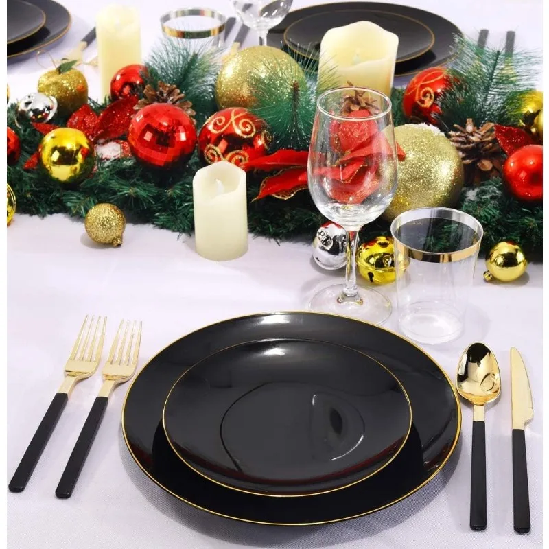 150PCS Black Plastic Plates-Black and Gold Disposable Plates-Premium Heavyweight Gold Plastic Dinnerware