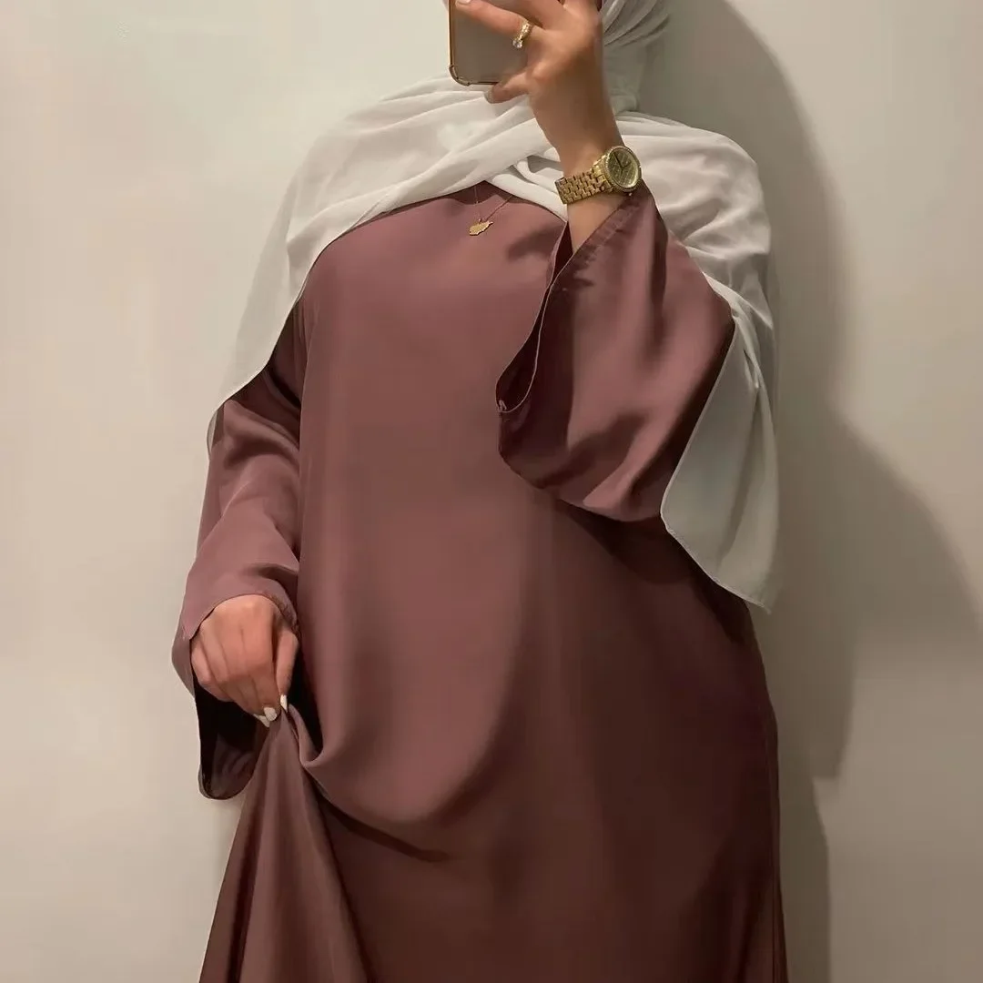 Satin Abaya Dubai Turkey Muslim Dress Plain Closed Abayas for Women African Long Dresses Islamic Clothes Kaftan Robe (no Hijab)