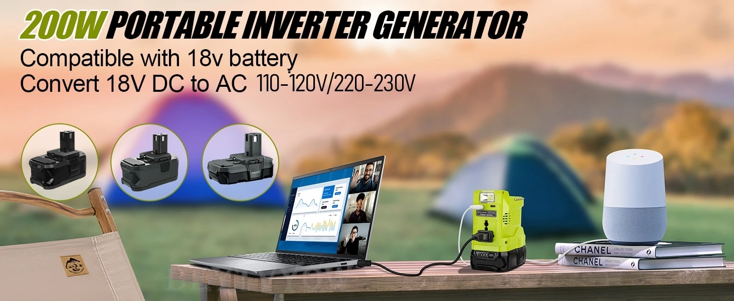 200W Powered Inverter Generator Compatible with Ryobi 18V Battery Portable Power
