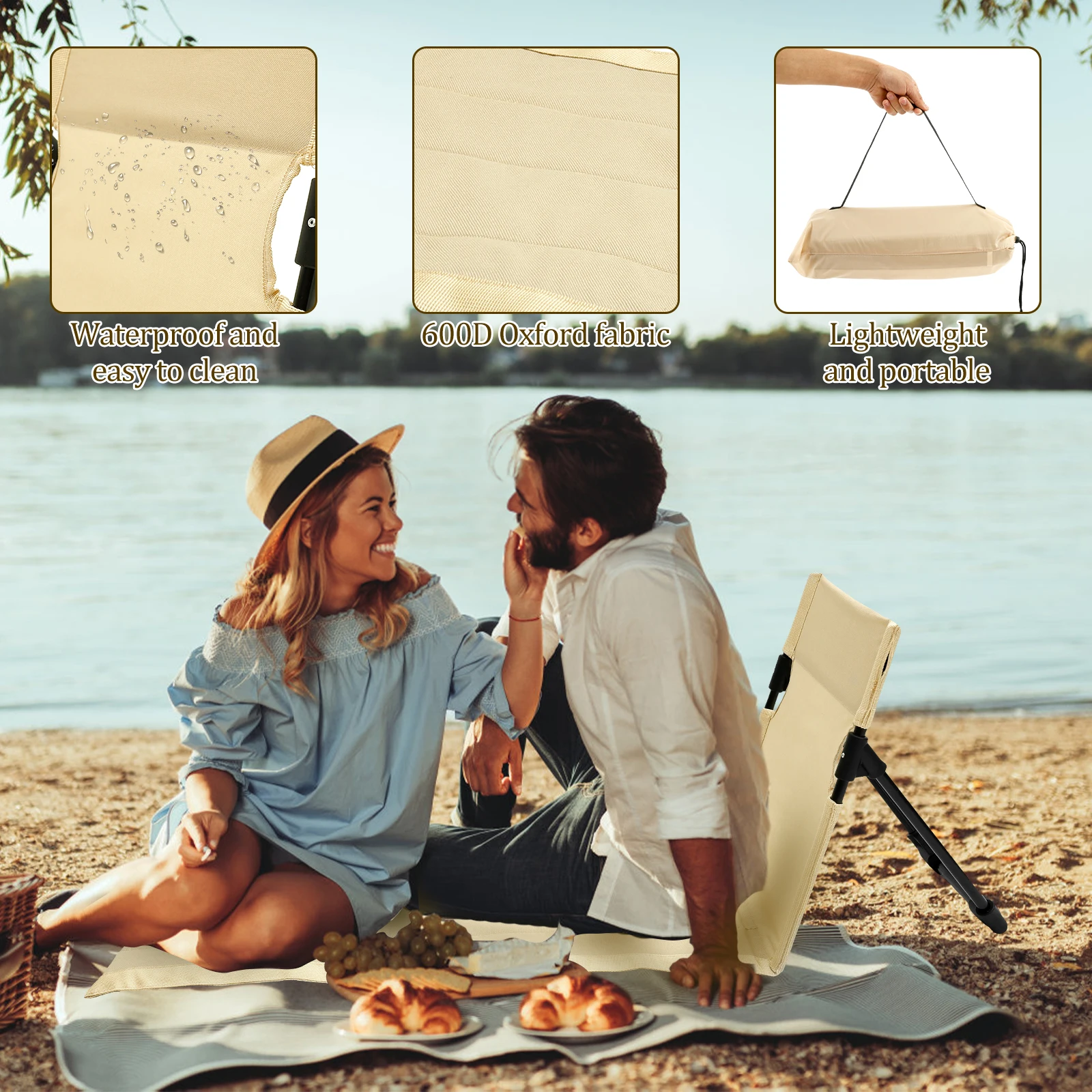 Foldable Camping Chair Oxford Cloth Waterproof Beach Floor Chair With Incline Function Park Single Lazy Chair Backrest Cushion